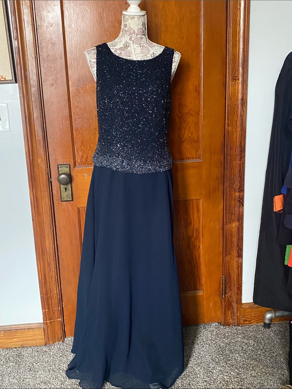 Formal Navy Sequin Bodice Evening Dress